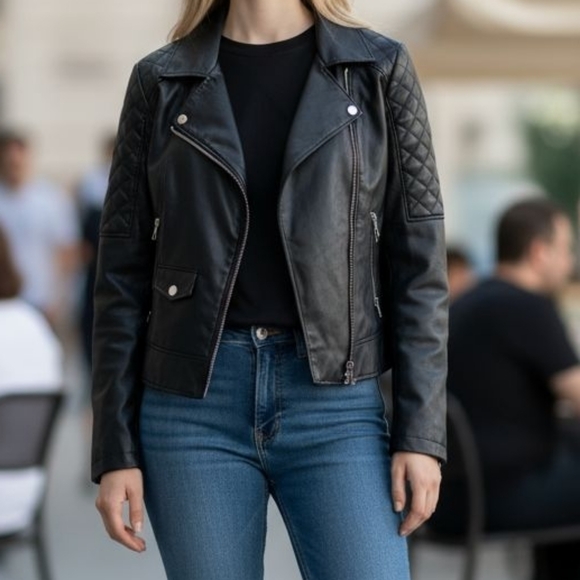Women's Black Quilted Leather Biker Jacket - Picture 1 of 7